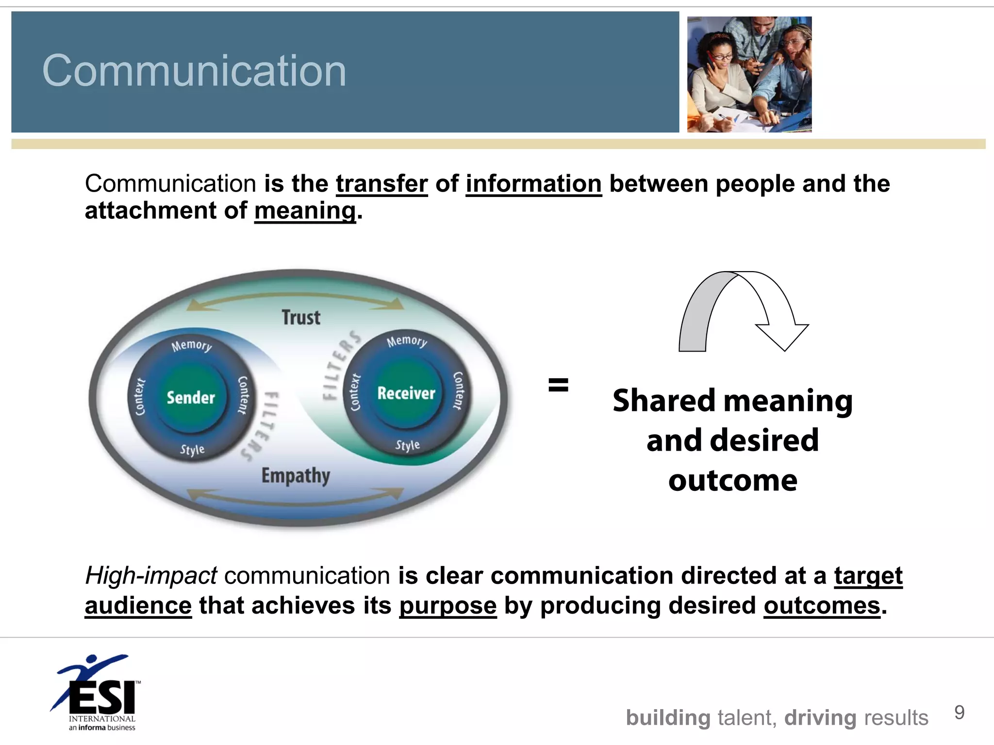 Communication

 Communication is the transfer of information between people and the
 attachment of meaning.




                                        =    Shared meaning
                                               and desired
                                                outcome

 High-impact communication is clear communication directed at a target
 audience that achieves its purpose by producing desired outcomes.



                                              building talent, driving results   9
 