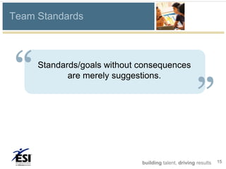 Team Standards




“    Standards/goals without consequences
                                                     “
            are merely suggestions.




                             building talent, driving results   15
 