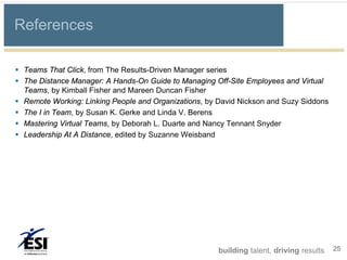 References

 Teams That Click, from The Results-Driven Manager series
 The Distance Manager: A Hands-On Guide to Managing Off-Site Employees and Virtual
  Teams, by Kimball Fisher and Mareen Duncan Fisher
 Remote Working: Linking People and Organizations, by David Nickson and Suzy Siddons
 The I in Team, by Susan K. Gerke and Linda V. Berens
 Mastering Virtual Teams, by Deborah L. Duarte and Nancy Tennant Snyder
 Leadership At A Distance, edited by Suzanne Weisband




                                                       building talent, driving results   25
 