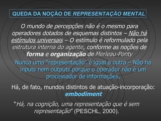 QUEDA DA NOÇÃO DE REPRESENTAÇÃO MENTAL

    O mundo de percepções não é o mesmo para
operadores dotados de esquemas distintos – Não há
estímulos universais – O estímulo é reformulado pela
estrutura interna do agente, conforme as noções de
                     agente
      forma e organização de Merleau-Ponty
 Nunca uma “representação” é igual a outra – Não há
    inputs nem outputs porque o operador não é um
              processador de informações.
                              informações
Há, de fato, mundos distintos de atuação-incorporação:
                   embodiment
 “Há, na cognição, uma representação que é sem
        representação” (PESCHL, 2000).
 