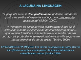 A LACUNA NA LINGUAGEM

 “A pergunta seria se dois profissionais poderiam sair desses
   pontos de partida divergentes e atingir uma compreensão
                  convergente” (Schön, 2000).

    “A vantagem do ponto de vista construtivista é que ele é
  adequado à nossa experiência de desentendimento mútuo...
   quanto mais trabalhamos na tentativa de entender uns aos
outros, mais profundamente experimentamos as diferenças entre
        nossas maneiras de ver as coisas” (Schön, 2000)

ENTENDIMENTO MÚTUO: Um entrar no universo do outro através
   da reflexão-na-ação e assim passar do desentendimento ao
               entendimento mútuo (Schön, 2000)
 