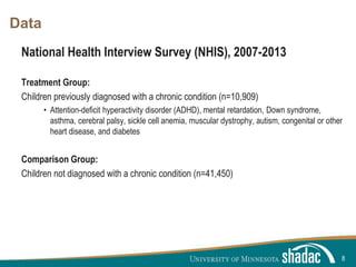 Click to edit Master title style
Click to edit Master text styles
Second level
Third level
Fourth level
Fifth level
Data
National Health Interview Survey (NHIS), 2007-2013
Treatment Group:
Children previously diagnosed with a chronic condition (n=10,909)
• Attention-deficit hyperactivity disorder (ADHD), mental retardation, Down syndrome,
asthma, cerebral palsy, sickle cell anemia, muscular dystrophy, autism, congenital or other
heart disease, and diabetes
Comparison Group:
Children not diagnosed with a chronic condition (n=41,450)
8
 