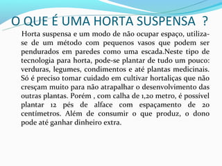 O QUE É UMA HORTA SUSPENSA ?
 Horta suspensa e um modo de não ocupar espaço, utiliza-
 se de um método com pequenos vasos que podem ser
 pendurados em paredes como uma escada.Neste tipo de
 tecnologia para horta, pode-se plantar de tudo um pouco:
 verduras, legumes, condimentos e até plantas medicinais.
 Só é preciso tomar cuidado em cultivar hortaliças que não
 cresçam muito para não atrapalhar o desenvolvimento das
 outras plantas. Porém , com calha de 1,20 metro, é possível
 plantar 12 pés de alface com espaçamento de 20
 centímetros. Além de consumir o que produz, o dono
 pode até ganhar dinheiro extra.
 