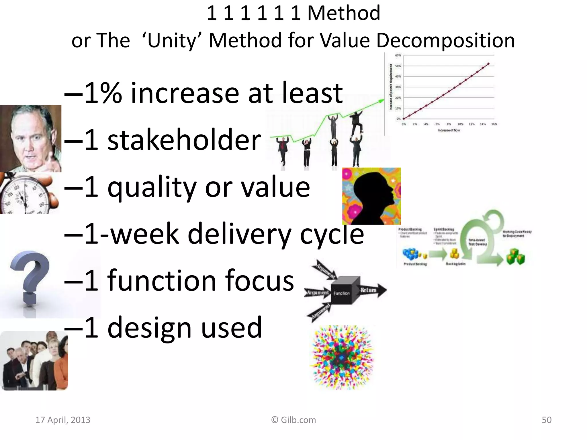 1 1 1 1 1 1 Method
or The ‘Unity’ Method for Value Decomposition
–1% increase at least
–1 stakeholder
–1 quality or value
–1-week delivery cycle
–1 function focus
–1 design used
17 April, 2013 © Gilb.com 50
 