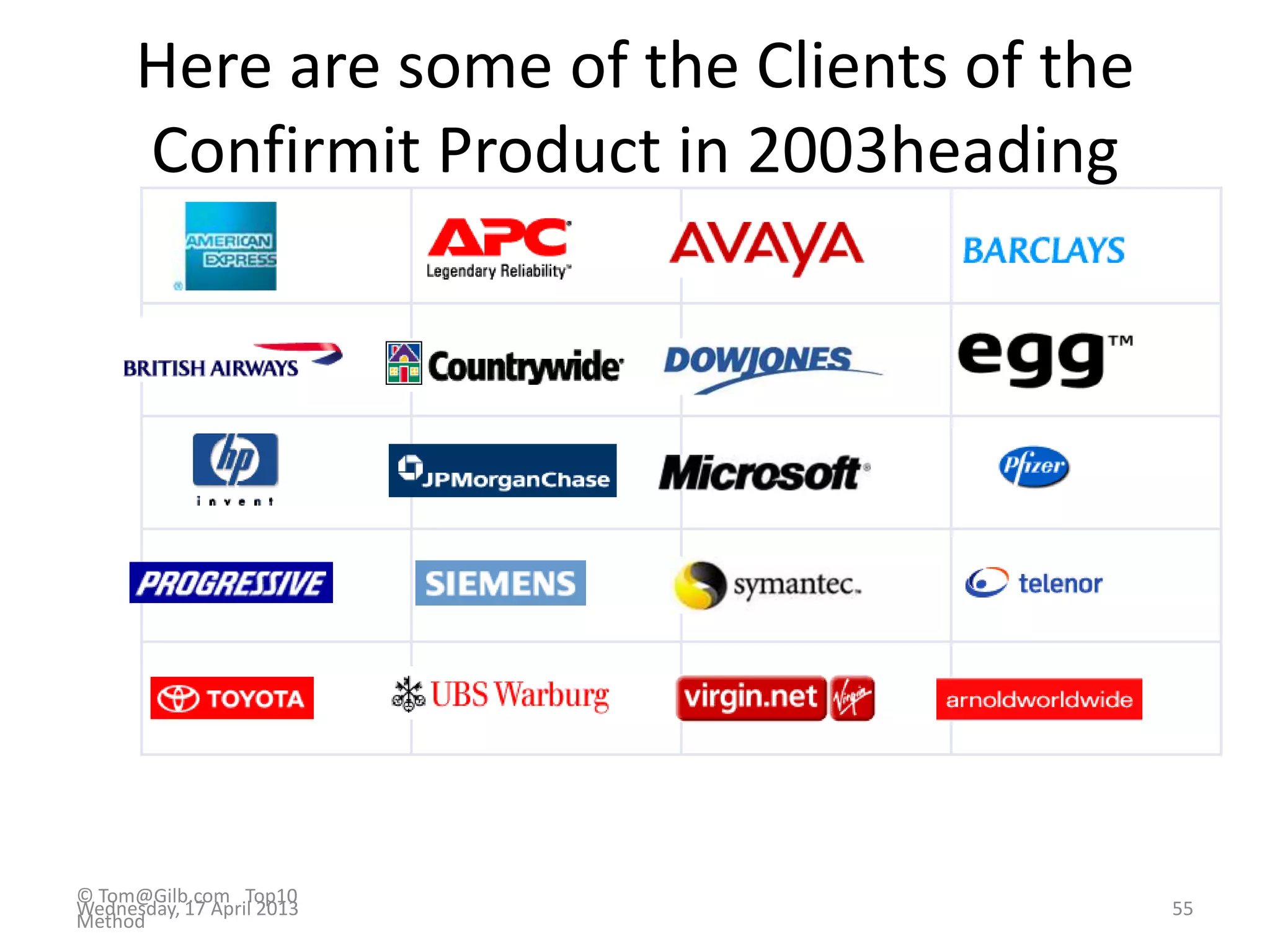 Here are some of the Clients of the
Confirmit Product in 2003heading
© Tom@Gilb.com Top10
Method
Wednesday, 17 April 2013 55
 