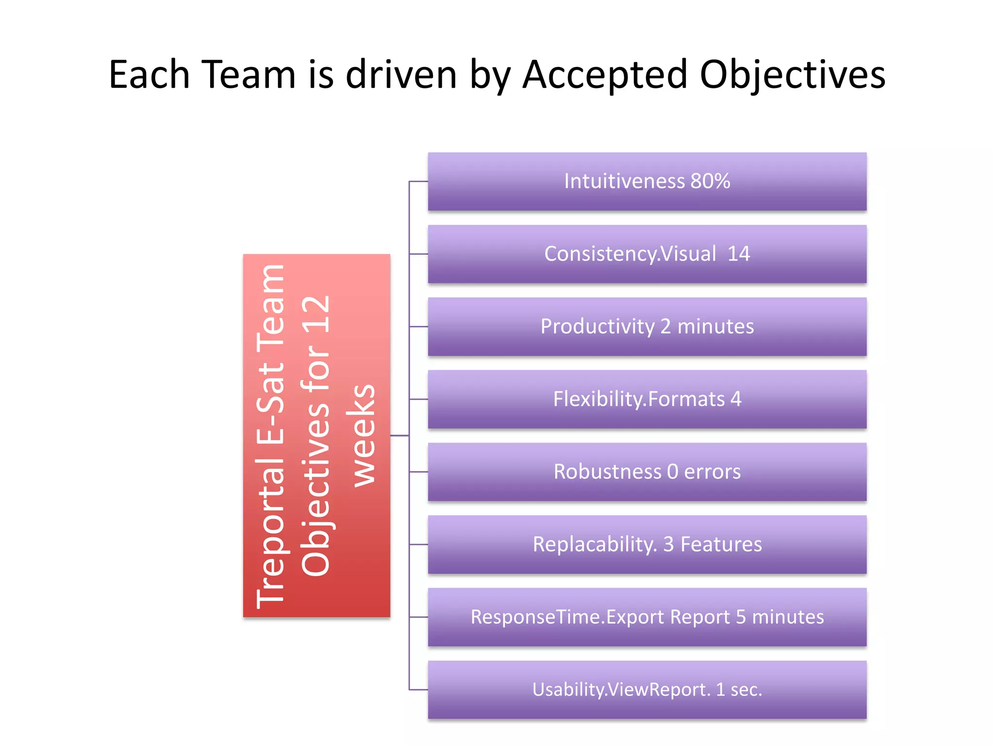 Each Team is driven by Accepted Objectives
TreportalE-SatTeam
Objectivesfor12
weeks
Intuitiveness 80%
Consistency.Visual 14
Productivity 2 minutes
Flexibility.Formats 4
Robustness 0 errors
Replacability. 3 Features
ResponseTime.Export Report 5 minutes
Usability.ViewReport. 1 sec.
 