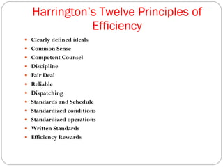 Harrington’s Twelve Principles of Efficiency Clearly defined ideals Common Sense Competent Counsel Discipline Fair Deal Reliable Dispatching Standards and Schedule Standardized conditions Standardized operations Written Standards Efficiency Rewards 