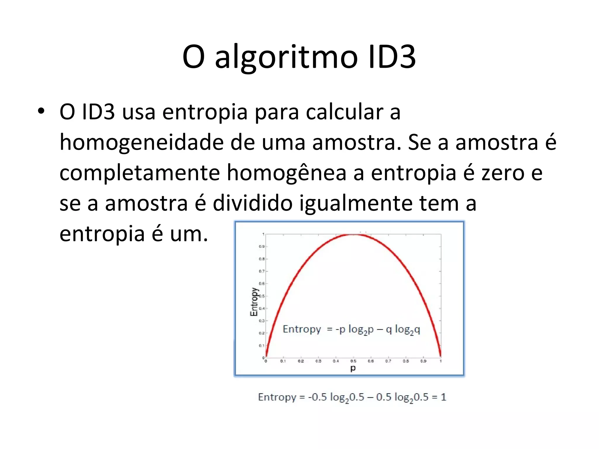 O algoritmo ID3 O ID3 usa entropia para calcular a homogeneidade de uma amostra. Se a amostra é completamente homogênea a entropia é zero e se a amostra é dividido igualmente tem a entropia é um. 