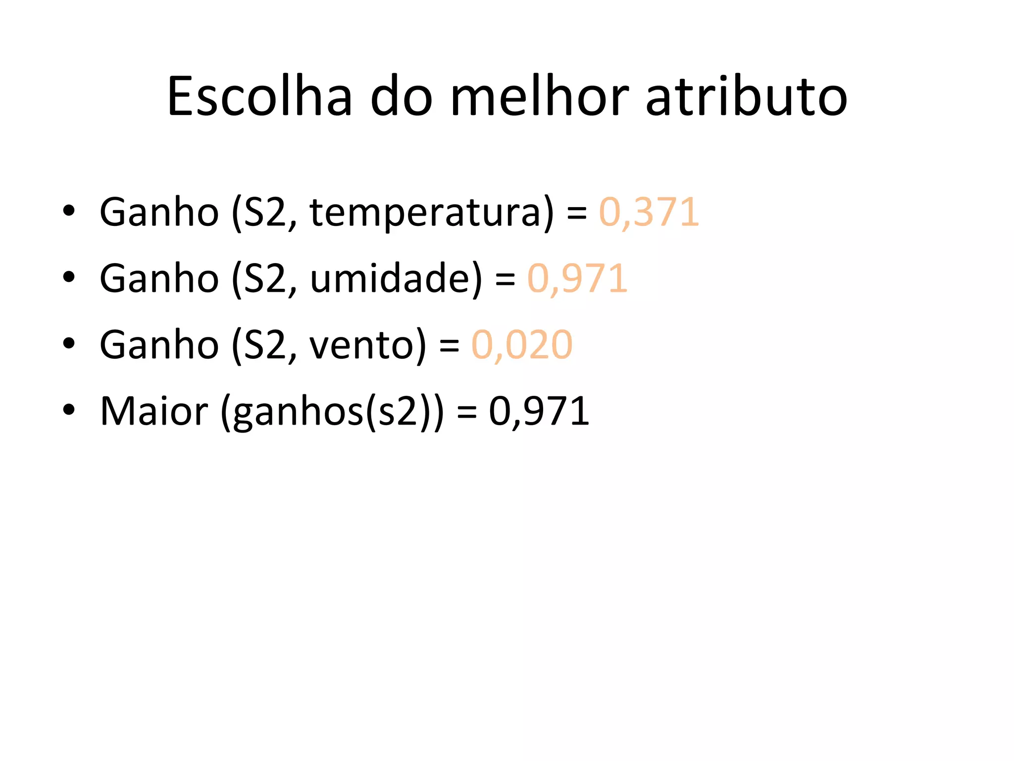 Escolha do melhor atributo Ganho (S2, temperatura) =  0,371 Ganho (S2, umidade) =  0,971 Ganho (S2, vento) =  0,020 Maior (ganhos(s2)) = 0,971 