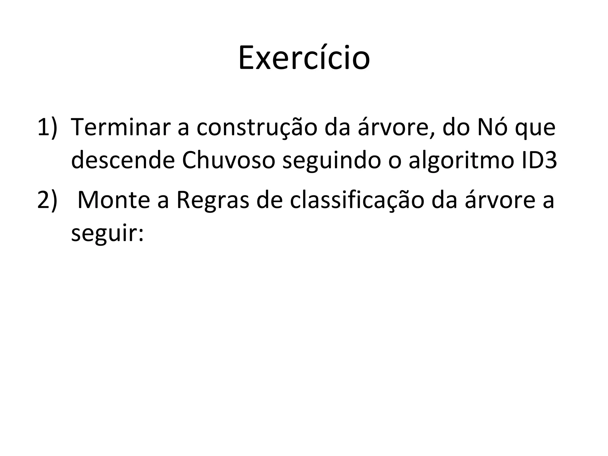 Exercício Terminar a construção da árvore, do Nó que descende Chuvoso seguindo o algoritmo ID3 Monte a Regras de classificação da árvore a seguir: 
