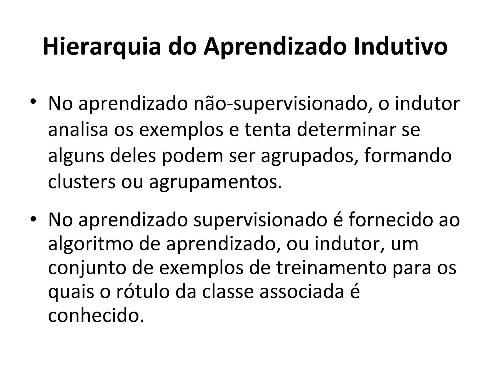 Hierarquia do Aprendizado Indutivo No aprendizado supervisionado é fornecido ao algoritmo de aprendizado, ou indutor, um conjunto de exemplos de treinamento para os quais o rótulo da classe associada é conhecido. No aprendizado não-supervisionado, o indutor analisa os exemplos e tenta determinar se alguns deles podem ser agrupados, formando clusters ou agrupamentos. 