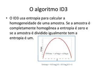 O algoritmo ID3 O ID3 usa entropia para calcular a homogeneidade de uma amostra. Se a amostra é completamente homogênea a entropia é zero e se a amostra é dividido igualmente tem a entropia é um. 