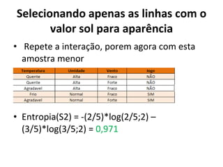 Selecionando apenas as linhas com o valor sol para aparência Repete a interação, porem agora com esta amostra menor Entropia(S2) = -(2/5)*log(2/5;2) – (3/5)*log(3/5;2) =  0,971 