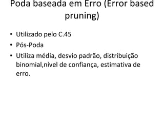 Poda baseada em Erro (Error based pruning) Utilizado pelo C.45 Pós-Poda Utiliza média, desvio padrão, distribuição binomial,nível de confiança, estimativa de erro. 