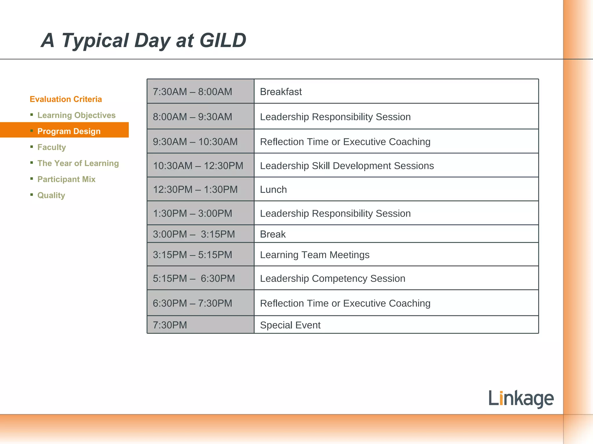 A Typical Day at GILD Evaluation Criteria Learning Objectives Program Design Faculty The Year of Learning Participant Mix Quality Break 3:00PM –  3:15PM Learning Team Meetings 3:15PM – 5:15PM Leadership Skill Development Sessions 10:30AM – 12:30PM Lunch 12:30PM – 1:30PM Special Event  7:30PM Reflection Time or Executive Coaching 6:30PM – 7:30PM  Leadership Competency Session 5:15PM –  6:30PM Leadership Responsibility Session 1:30PM – 3:00PM  Reflection Time or Executive Coaching 9:30AM – 10:30AM Leadership Responsibility Session 8:00AM – 9:30AM Breakfast  7:30AM – 8:00AM 