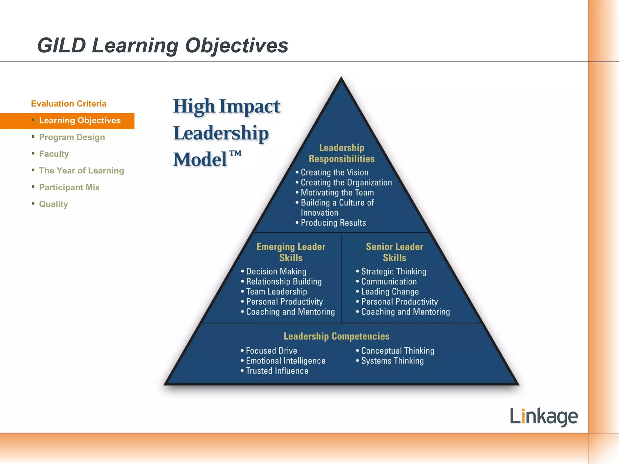 GILD Learning Objectives Evaluation Criteria Learning Objectives Program Design Faculty The Year of Learning Participant Mix Quality 