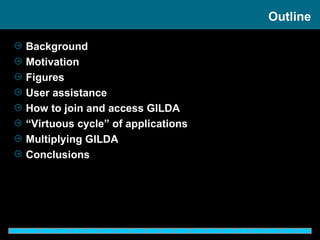 Background Motivation Figures User assistance How to join and access GILDA “ Virtuous cycle” of applications Multiplying GILDA   Conclusions Outline 