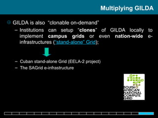 GILDA is also  “clonable on-demand” Institutions can setup “ clones ” of GILDA locally to implement  campus grids  or even  nation-wide  e-infrastructures ( “stand-alone” Grid ); Multiplying GILDA Cuban stand-alone Grid (EELA-2 project) The SAGrid e-infrastructure 