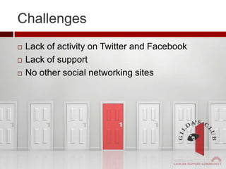 Challenges
   Lack of activity on Twitter and Facebook
   Lack of support
   No other social networking sites
 