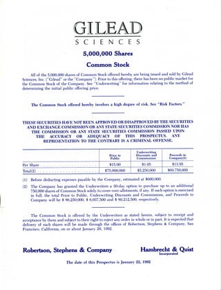 Gilead Sciences Initial Public Offering Prospectus January 1992