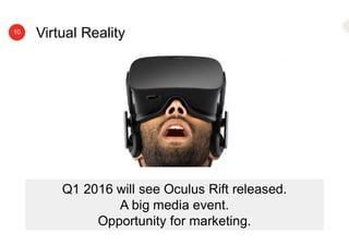 Virtual Reality10
Q1 2016 will see Oculus Rift released.
A big media event.
Opportunity for marketing.
 