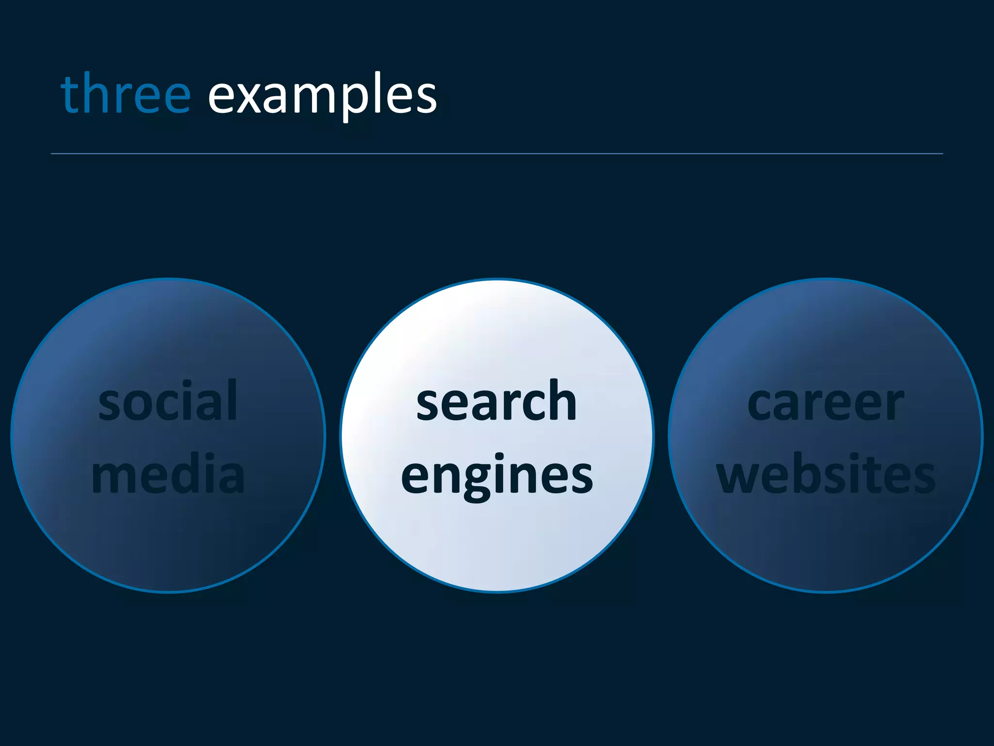 three examples




 social      search    career
 media      engines   websites
 