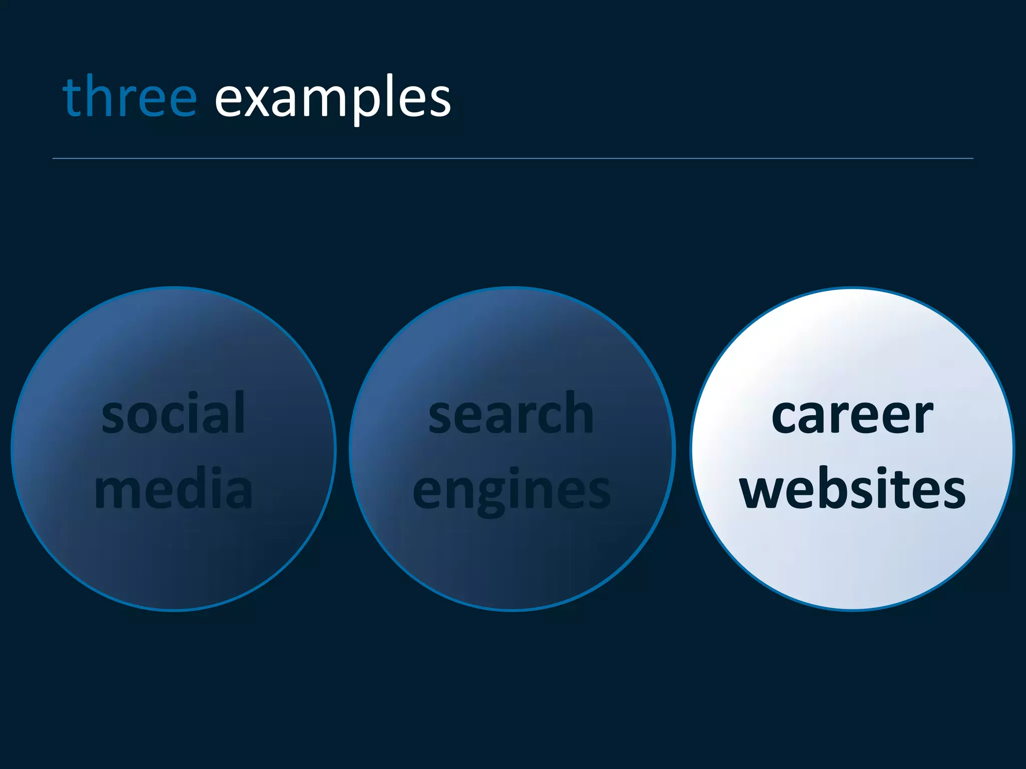 three examples




 social      search    career
 media      engines   websites
 