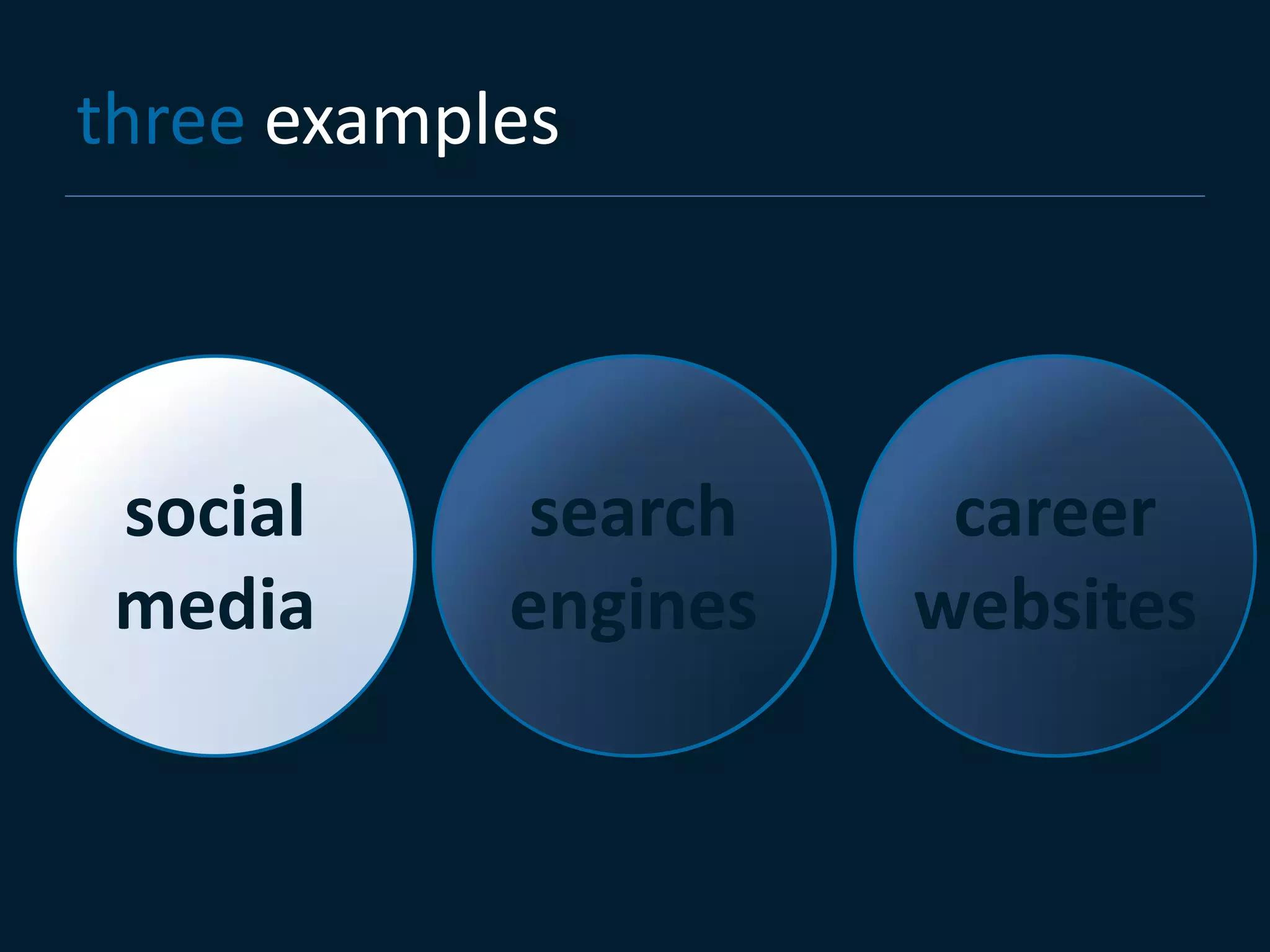 three examples




 social      search    career
 media      engines   websites
 