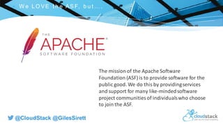 C l i c k t o e d i t
@CloudStack @GilesSirett
 W e LO VE t h e AS F, b u t … .
The mission of the Apache Software
Foundation (ASF) is to provide software for the
public good. We do this by providingservices
and support for many like-mindedsoftware
project communitiesof individualswho choose
to join the ASF.
 