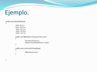 Ejemplo.public class EjemploMetodo{static int a=1;static  int b=2;	 static  int c=3;	 static  int d=4;	 static  int e=5;	public void Metodo(intf,intg,inth,inti,int j)	{		int suma=f+g+h+i+j;System.out.println(Suma + suam);	}	public static void main(String[]args)	{Metodo(a,b,c,d,e);	}}