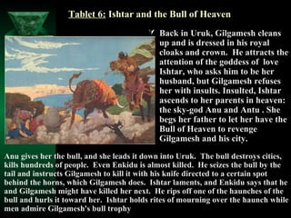 Tablet 6: Ishtar and the Bull of Heaven
                                          Back in Uruk, Gilgamesh cleans
                                            up and is dressed in his royal
                                            cloaks and crown. He attracts the
                                            attention of the goddess of love
                                            Ishtar, who asks him to be her
                                            husband, but Gilgamesh refuses
                                            her with insults. Insulted, Ishtar
                                            ascends to her parents in heaven:
                                            the sky-god Anu and Antu . She
                                            begs her father to let her have the
                                            Bull of Heaven to revenge
                                            Gilgamesh and his city.
Anu gives her the bull, and she leads it down into Uruk. The bull destroys cities,
kills hundreds of people. Even Enkidu is almost killed. He seizes the bull by the
tail and instructs Gilgamesh to kill it with his knife directed to a certain spot
behind the horns, which Gilgamesh does. Ishtar laments, and Enkidu says that he
and Gilgamesh might have killed her next. He rips off one of the haunches of the
bull and hurls it toward her. Ishtar holds rites of mourning over the haunch while
men admire Gilgamesh's bull trophy
 