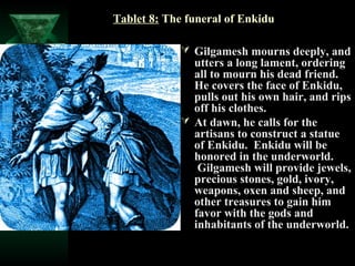 Tablet 8: The funeral of Enkidu

              Gilgamesh mourns deeply, and
               utters a long lament, ordering
               all to mourn his dead friend.
               He covers the face of Enkidu,
               pulls out his own hair, and rips
               off his clothes.
              At dawn, he calls for the
               artisans to construct a statue
               of Enkidu. Enkidu will be
               honored in the underworld.
                Gilgamesh will provide jewels,
               precious stones, gold, ivory,
               weapons, oxen and sheep, and
               other treasures to gain him
               favor with the gods and
               inhabitants of the underworld.
 