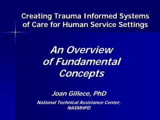 Creating Trauma Informed Systems
of Care for Human Service Settings


       An Overview
      of Fundamental
          Concepts
          Joan Gillece, PhD
    National Technical Assistance Center,
                 NASMHPD
 