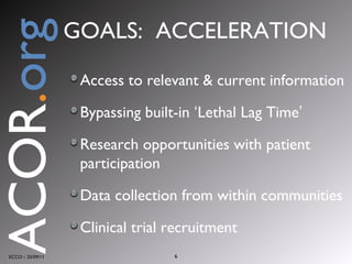 Access to relevant & current information  Bypassing built-in  ‘ Lethal Lag Time ’   Research opportunities with patient participation Data collection from within communities  Clinical trial recruitment ECCO :: 25/09/11 ACOR . org GOALS:  ACCELERATION 