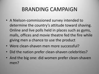 BRANDING CAMPAIGNA Nielson-commissioned survey intended to determine the country’s attitude toward shaving. Online and live polls held in places such as gyms, malls, offices and movie theatre fed the fire while giving men a chance to use the productWere clean-shaven men more successful? Did the nation prefer clean-shaven celebrities? And the big one: did women prefer clean-shaven men?