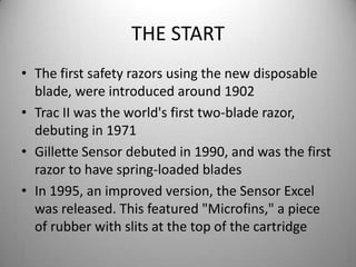 THE STARTThe first safety razors using the new disposable blade, were introduced around 1902Trac II was the world's first two-blade razor, debuting in 1971Gillette Sensor debuted in 1990, and was the first razor to have spring-loaded bladesIn 1995, an improved version, the Sensor Excel was released. This featured "Microfins," a piece of rubber with slits at the top of the cartridge 