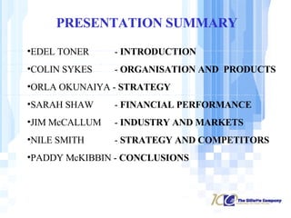 PRESENTATION SUMMARY EDEL TONER  -  INTRODUCTION COLIN SYKES  -  ORGANISATION AND  PRODUCTS ORLA OKUNAIYA -  STRATEGY SARAH SHAW  -  FINANCIAL PERFORMANCE JIM McCALLUM  -  INDUSTRY AND MARKETS NILE SMITH  -  STRATEGY AND COMPETITORS PADDY McKIBBIN -  CONCLUSIONS 