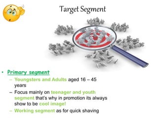 Target Segment
• Primary segment
– Youngsters and Adults aged 16 – 45
years
– Focus mainly on teenager and youth
segment that’s why in promotion its always
show to be cool image!
– Working segment as for quick shaving
 