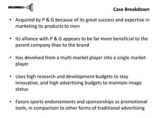 Case Breakdown
• Acquired by P & G because of its great success and expertise in
marketing its products to men
• Its alliance with P & G appears to be far more beneficial to the
parent company than to the brand
• Has devolved from a multi-market player into a single market
player
• Uses high research and development budgets to stay
innovative, and high advertising budgets to maintain image
status
• Favors sports endorsements and sponsorships as promotional
tools, in comparison to other forms of traditional advertising
 