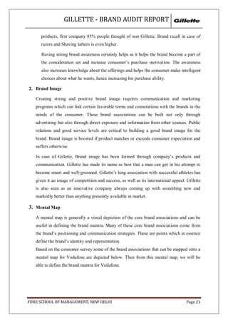 GILLETTE - BRAND AUDIT REPORT

      products, first company 85% people thought of was Gillette. Brand recall in case of
      razors and Shaving lathers is even higher.

      Having strong brand awareness certainly helps as it helps the brand become a part of
      the consideration set and increase consumer‘s purchase motivation. The awareness
      also increases knowledge about the offerings and helps the consumer make intelligent
      choices about what he wants, hence increasing his purchase ability.

2. Brand Image

   Creating strong and positive brand image requires communication and marketing
   programs which can link certain favorable terms and connotations with the brands in the
   minds of the consumer. These brand associations can be built not only through
   advertising but also through direct exposure and information from other sources. Public
   relations and good service levels are critical to building a good brand image for the
   brand. Brand image is boosted if product matches or exceeds consumer expectation and
   suffers otherwise.

   In case of Gillette, Brand image has been formed through company‘s products and
   communication. Gillette has made its name as best that a man can get in his attempt to
   become smart and well-groomed. Gillette‘s long association with successful athletes has
   given it an image of competition and success, as well as its international appeal. Gillette
   is also seen as an innovative company always coming up with something new and
   markedly better than anything presently available in market.

3. Mental Map
   A mental map is generally a visual depiction of the core brand associations and can be
   useful in defining the brand mantra. Many of these core brand associations come from
   the brand‘s positioning and communication strategies. These are points which in essence
   define the brand‘s identity and representation.
   Based on the consumer survey some of the brand associations that can be mapped onto a
   mental map for Vodafone are depicted below. Then from this mental map, we will be
   able to define the brand mantra for Vodafone.




FORE SCHOOL OF MANAGEMENT, NEW DELHI                                                  Page 21
 