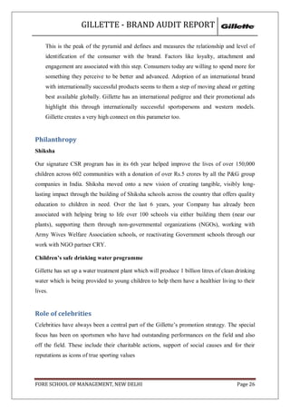 GILLETTE - BRAND AUDIT REPORT

     This is the peak of the pyramid and defines and measures the relationship and level of
     identification of the consumer with the brand. Factors like loyalty, attachment and
     engagement are associated with this step. Consumers today are willing to spend more for
     something they perceive to be better and advanced. Adoption of an international brand
     with internationally successful products seems to them a step of moving ahead or getting
     best available globally. Gillette has an international pedigree and their promotional ads
     highlight this through internationally successful sportspersons and western models.
     Gillette creates a very high connect on this parameter too.


Philanthropy
Shiksha

Our signature CSR program has in its 6th year helped improve the lives of over 150,000
children across 602 communities with a donation of over Rs.5 crores by all the P&G group
companies in India. Shiksha moved onto a new vision of creating tangible, visibly long-
lasting impact through the building of Shiksha schools across the country that offers quality
education to children in need. Over the last 6 years, your Company has already been
associated with helping bring to life over 100 schools via either building them (near our
plants), supporting them through non-governmental organizations (NGOs), working with
Army Wives Welfare Association schools, or reactivating Government schools through our
work with NGO partner CRY.

Children’s safe drinking water programme

Gillette has set up a water treatment plant which will produce 1 billion litres of clean drinking
water which is being provided to young children to help them have a healthier living to their
lives.


Role of celebrities
Celebrities have always been a central part of the Gillette‘s promotion strategy. The special
focus has been on sportsmen who have had outstanding performances on the field and also
off the field. These include their charitable actions, support of social causes and for their
reputations as icons of true sporting values



FORE SCHOOL OF MANAGEMENT, NEW DELHI                                                     Page 26
 