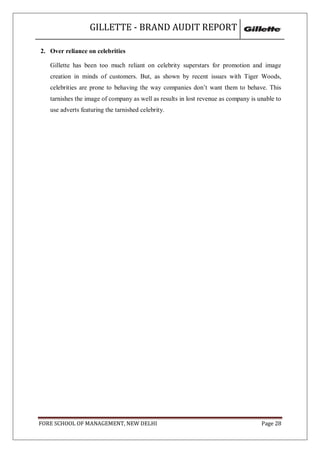 GILLETTE - BRAND AUDIT REPORT

2. Over reliance on celebrities

   Gillette has been too much reliant on celebrity superstars for promotion and image
   creation in minds of customers. But, as shown by recent issues with Tiger Woods,
   celebrities are prone to behaving the way companies don‘t want them to behave. This
   tarnishes the image of company as well as results in lost revenue as company is unable to
   use adverts featuring the tarnished celebrity.




FORE SCHOOL OF MANAGEMENT, NEW DELHI                                                Page 28
 