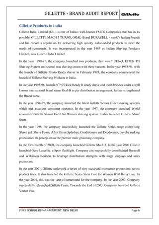GILLETTE - BRAND AUDIT REPORT

Gillette Products in India
Gillette India Limited (GIL) is one of India's well-known FMCG Companies that has in its
portfolio GILLETTE MACH 3 TURBO, ORAL-B and DURACELL - world's leading brands
and has carved a reputation for delivering high quality, value-added products to meet the
needs of consumers. It was incorporated in the year 1985 as Indian Shaving Products
Limited, now Gillette India Limited.

In the year 1990-91, the company launched two products, first was 7 0'Clock EJTEK PII
Shaving System and second was shaving cream with three variants. In the year 1993-94, with
the launch of Gillette Presto Ready shaver in February 1993, the company commenced the
launch of Gillette Shaving Products in India.

In the year 1995-96, launch of 7 0'Clock Ready II ready shave and tooth brushes under a well
known international brand name Oral-B as per distribution arrangement, further strengthened
the Brand name.

In the year 1996-97, the company launched the latest Gillette Sensor Excel shaving systems
which met excellent consumer response. In the year 1997, the company launched World
renounced Gillette Sensor Excel for Women shaving system. It also launched Gillette Shave
foam.

In the year 1998, the company successfully launched the Gillette Series range comprising
Shave gel, Shave Foam, After Shave Splashes, Conditioners and Deodorants, thereby making
pronounced its perception as the premier male grooming company.

In the First month of 2000, the company launched Gillette Mach 3. In the year 2000 Gillette
launched Geep Laserlite, a Sport flashlight. Company also successfully consolidated Duracell
and Wilkinson business to leverage distribution strengths with mega displays and sales
promotion.

In the year 2001, Gillette undertook a series of very successful consumer promotions across
product lines. It also launched the Gillette Series Satin Care for Women Wild Berry Line. In
the year 2002, this was the year of turnaround for the company. In the year 2003, Company
successfully relaunched Gillette Foam. Towards the End of 2003, Company launched Gillette
Vector Plus.




FORE SCHOOL OF MANAGEMENT, NEW DELHI                                                 Page 6
 
