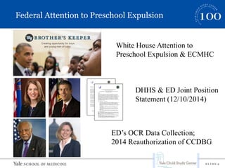 S L I D E 2
Federal Attention to Preschool Expulsion
DHHS & ED Joint Position
Statement (12/10/2014)
ED’s OCR Data Collection;
2014 Reauthorization of CCDBG
White House Attention to
Preschool Expulsion & ECMHC
 