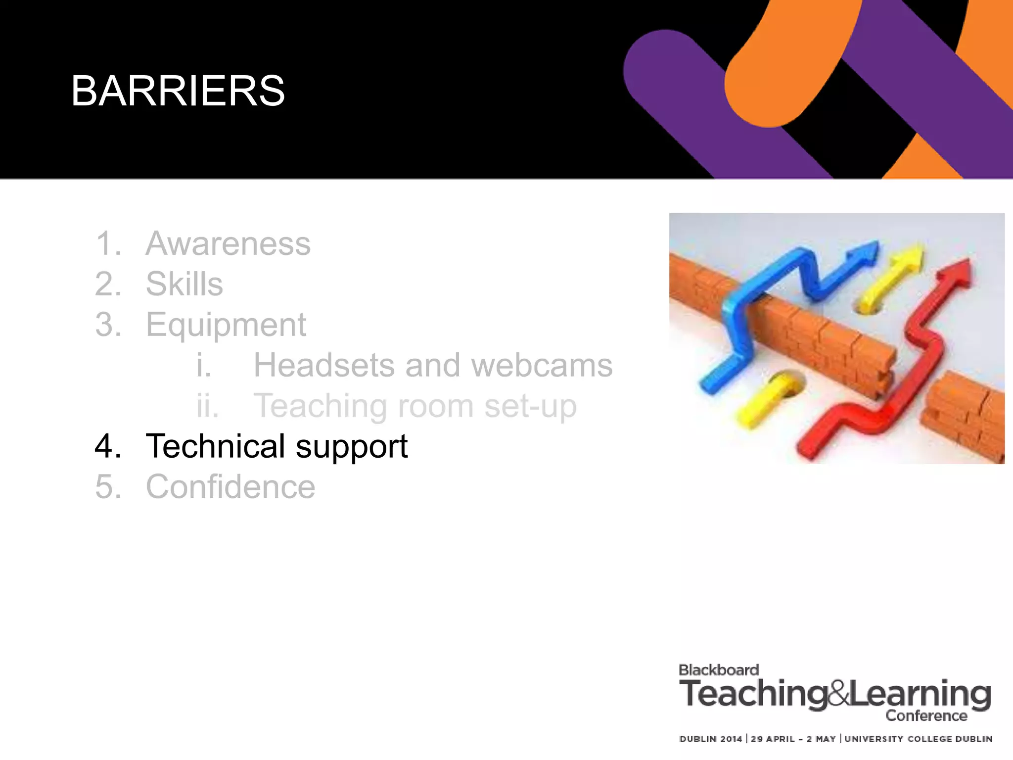 BARRIERS
1. Awareness
2. Skills
3. Equipment
i. Headsets and webcams
ii. Teaching room set-up
4. Technical support
5. Confidence
 