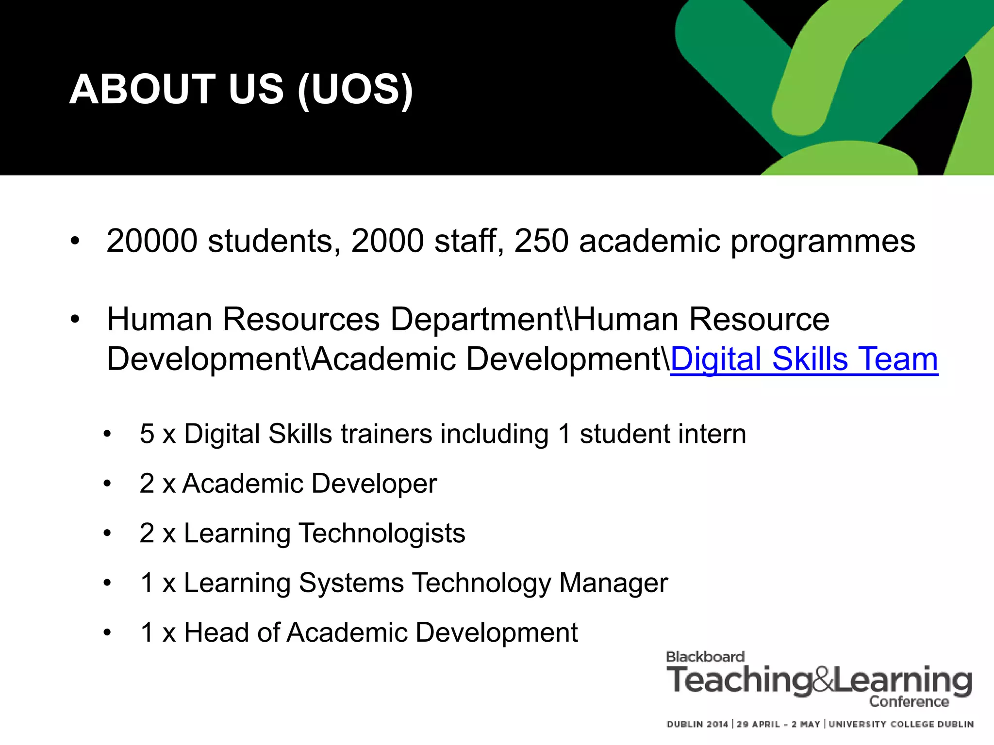 WHAT WE ARE GOING
TO LEARN TODAY?
1. How Salford is strategically embedding
Collaborate use across the University.
2. How staff are using Collaborate for different
purposes, e.g. marketing, support, teaching
and learning, flipping classrooms, blended
learning, research, meetings, etc.
3. Some of the benefits and drawbacks.
4. With hints and tips along the way.
 