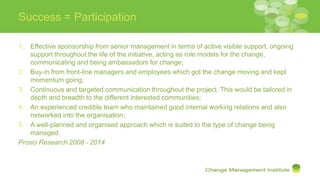 Success = Participation
1. Effective sponsorship from senior management in terms of active visible support, ongoing
support throughout the life of the initiative, acting as role models for the change,
communicating and being ambassadors for change;
2. Buy-in from front-line managers and employees which got the change moving and kept
momentum going;
3. Continuous and targeted communication throughout the project. This would be tailored in
depth and breadth to the different interested communities;
4. An experienced credible team who maintained good internal working relations and also
networked into the organisation;
5. A well-planned and organised approach which is suited to the type of change being
managed.
Prosci Research 2008 - 2014
 