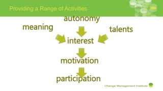 Providing a Range of Activities
autonomy
talents
interest
motivation
participation
meaning
 