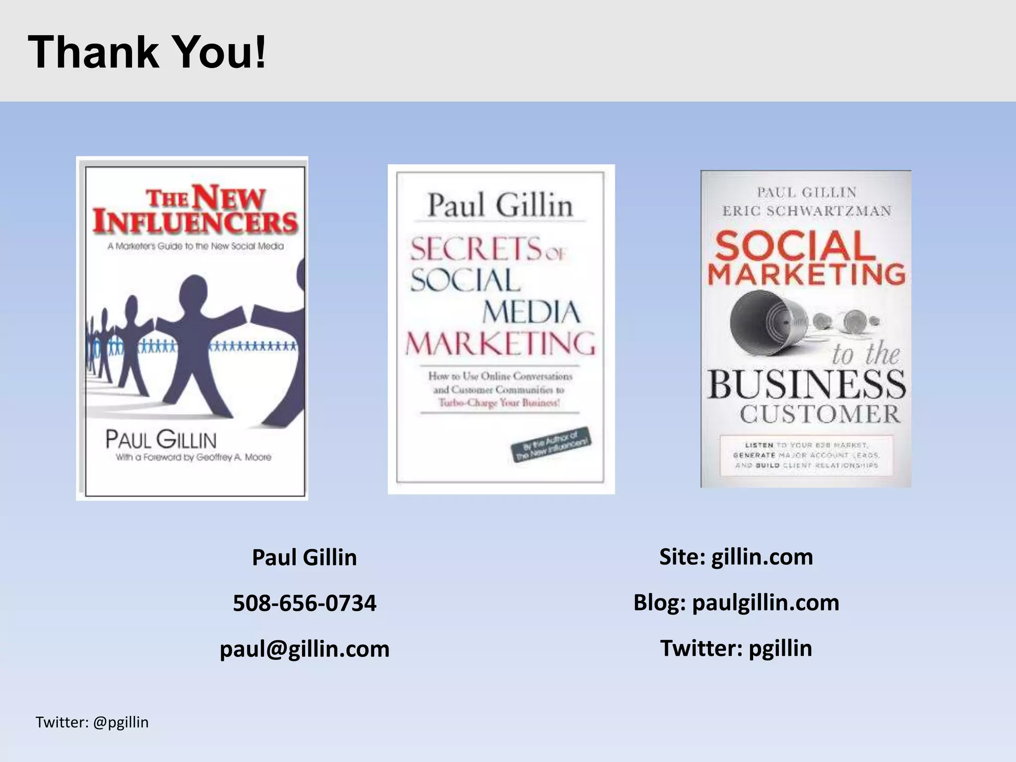 Value of Twitter
Click to edit Master title style

  You send 50 tweets a month…
  Generating 1,000 visitors to
   your website…
  2% of whom become leads…
  5% of whom become
   customers.

 Therefore, the value of a tweet is:

  (1,000 * .02 * .05 * 5000)/50 = $100
 