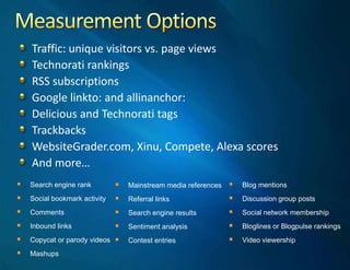 Measurement Options<br />Traffic: unique visitors vs. page views<br />Technorati rankings<br />RSS subscriptions<br />Goog...